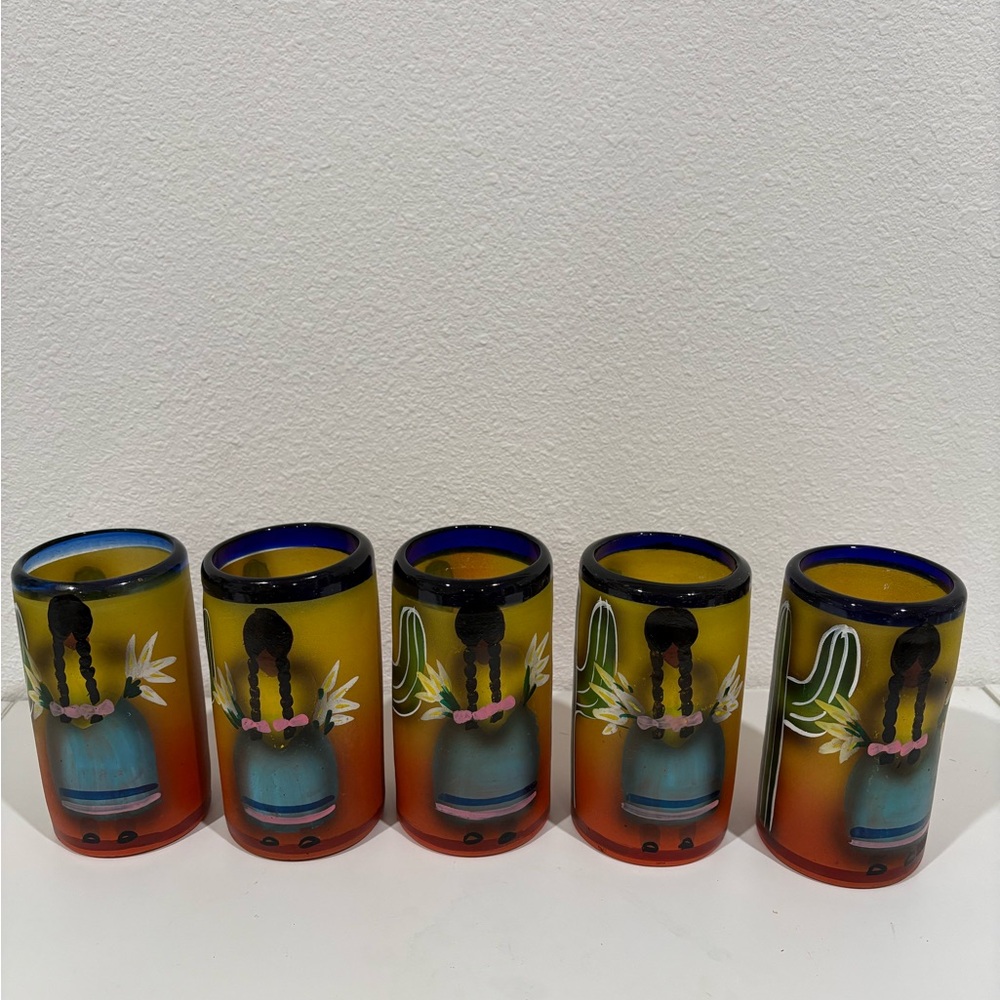 Hand- blown and Painted Mexican Glasses Set of 5 - Yellow, Blue, Orange